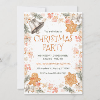 Watercolor Floral Bell Christmas Party Invitation