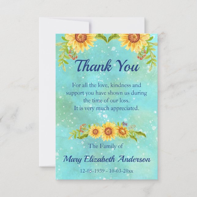 Watercolor Floral Bereavement Blue  Thank You Card (Front)