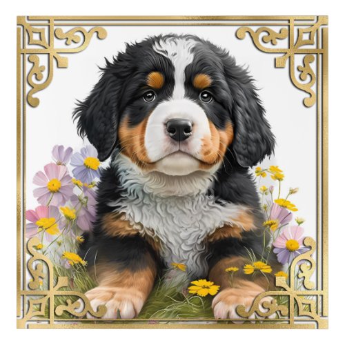 Watercolor Floral Bernese Puppy and Gold Frame Acrylic Print