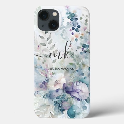 Watercolor Floral Berries Ferns Monogram Name iPhone 13 Case