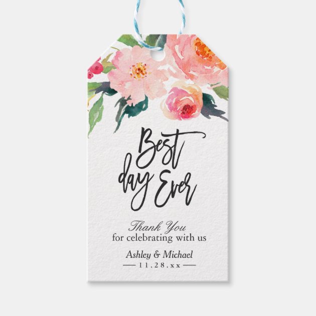 Watercolor Floral Best Day Ever Thank You Wedding Gift Tags
