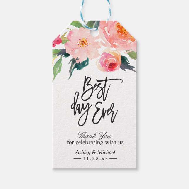 Watercolor Floral Best Day Ever Thank You Wedding Gift Tags (Front)