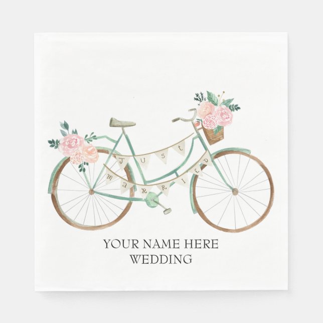 Watercolor floral bicycle Boho Wedding Napkins (Front)