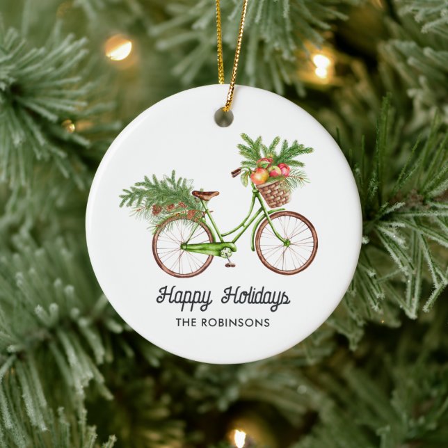 Watercolor Floral Bicycle Christmas Ceramic Ornament (Tree)