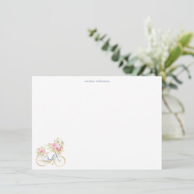 Watercolor Floral Bicycle Personalized Stationery Note Card (Standing Front)