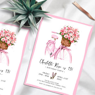 Watercolor Floral Bicycle Pink Birthday Party Invitation