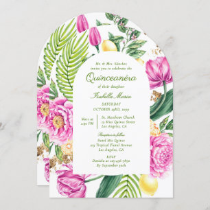 Watercolor Floral Bilingual Spanish Quinceañera Invitation