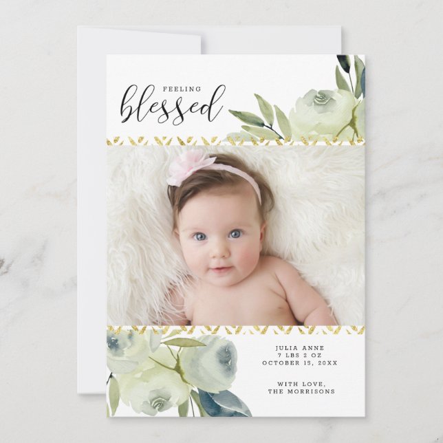 Watercolor Floral Birth Announcement with Photos (Front)