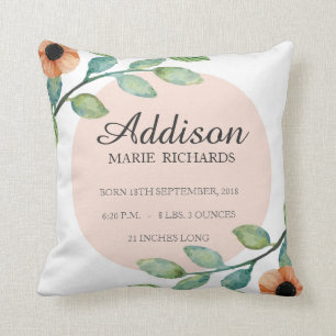 Watercolor Floral Birth Stats Announcement Pillow