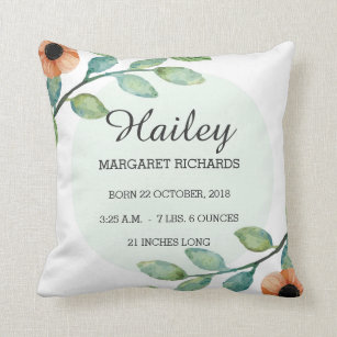 Watercolor Floral Birth Stats Announcement Pillow