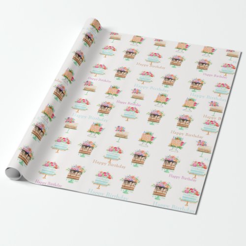 Watercolor Floral Birthday Cakes Wrapping Paper