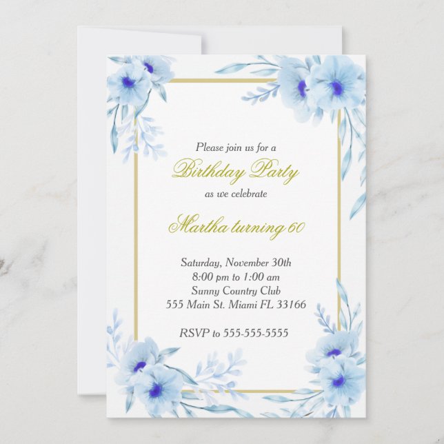 Watercolor Floral Birthday Invitation Blue Gold (Front)