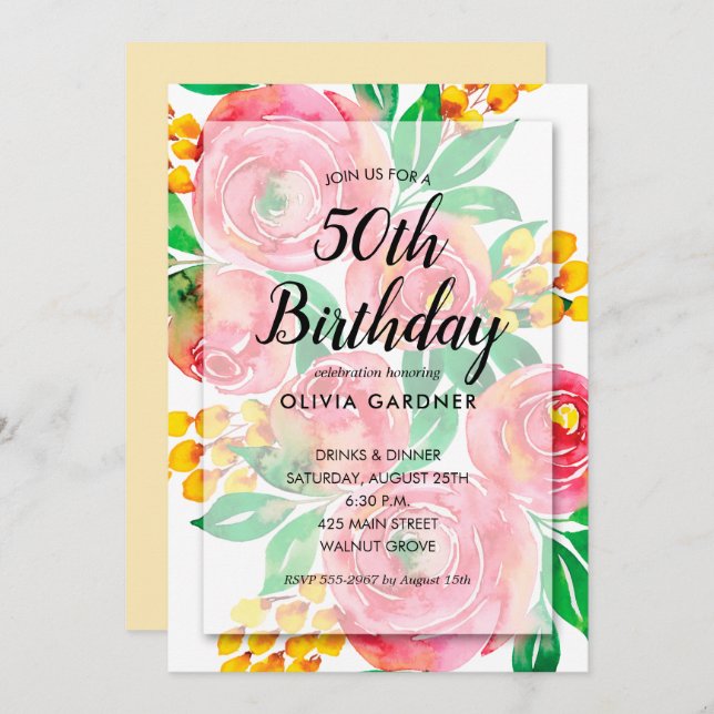 Watercolor Floral Birthday Invitations (Front/Back)