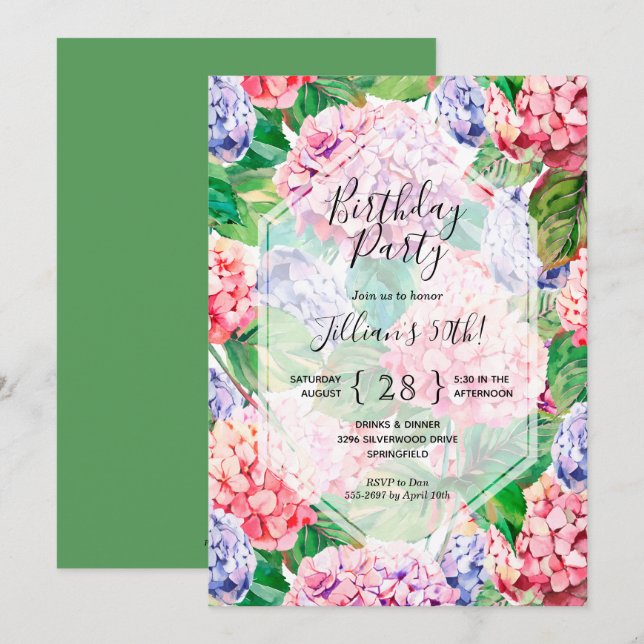 Watercolor Floral Birthday Party Invitations (Front/Back)