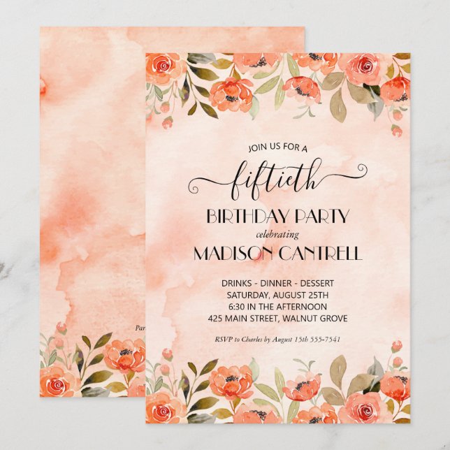 Watercolor Floral Birthday Party Invitations (Front/Back)
