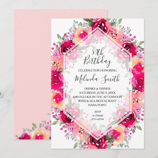 Watercolor Floral Birthday Party Invitations (Front/Back)