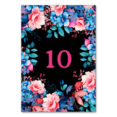 Watercolor Floral Birthday Shower Wedding Black  Table Number