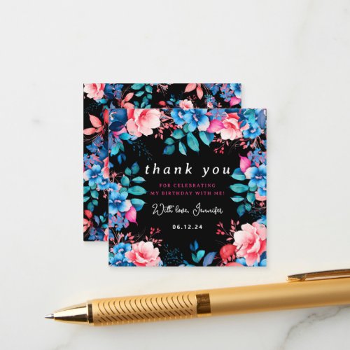 Watercolor Floral Birthday Thank You Insert Black 