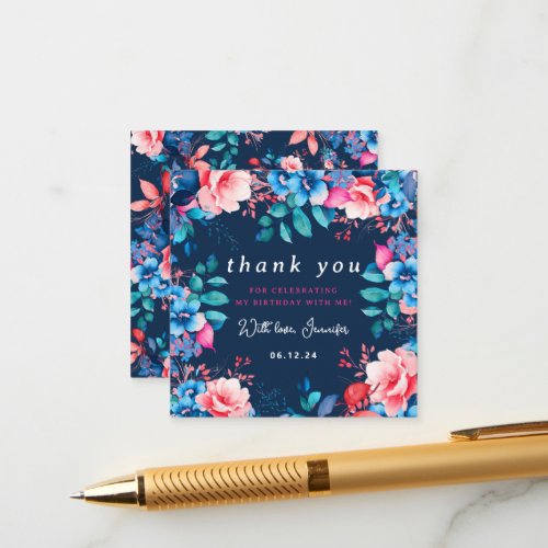 Watercolor Floral Birthday Thank You Insert Navy 
