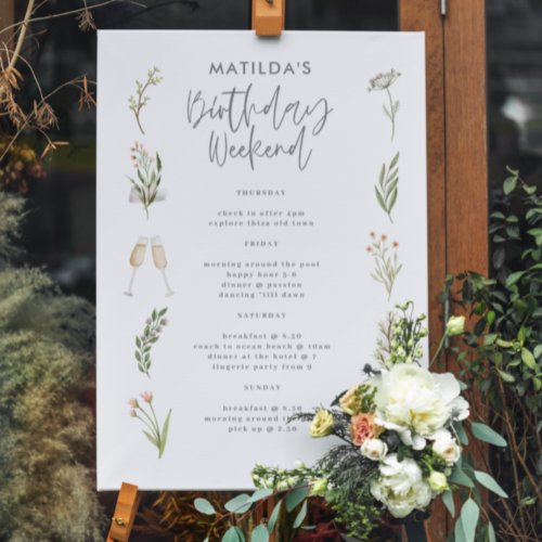 Watercolor floral birthday weekend itinerary magne foam board