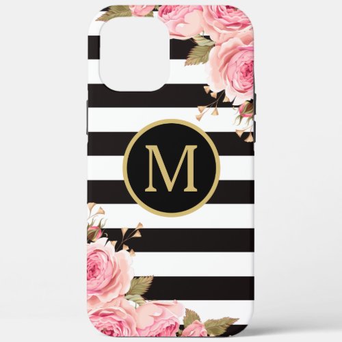 Watercolor Floral Black and White Stripes Monogram iPhone 12 Pro Max Case