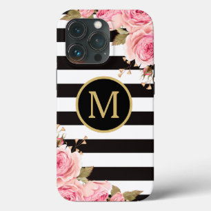 Watercolor Floral Black and White Stripes Monogram iPhone 13 Pro Case