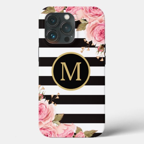 Watercolor Floral Black and White Stripes Monogram iPhone 13 Pro Case
