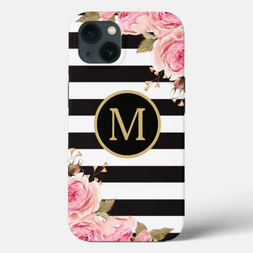 Watercolor Floral Black and White Stripes Monogram iPhone 13 Case