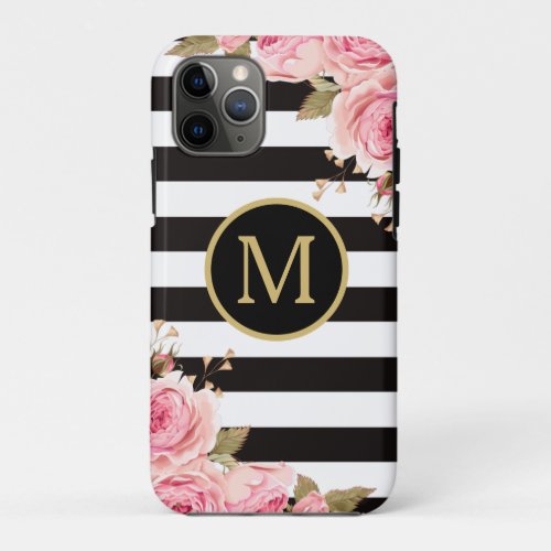 Watercolor Floral Black and White Stripes Monogram iPhone 11 Pro Case