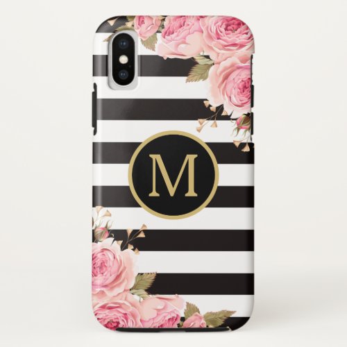 Watercolor Floral Black and White Stripes Monogram iPhone XS Case