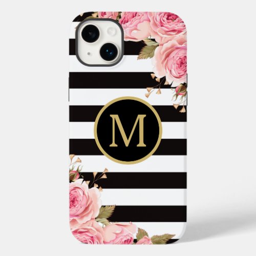 Watercolor Floral Black and White Stripes Monogram Case_Mate iPhone 14 Plus Case