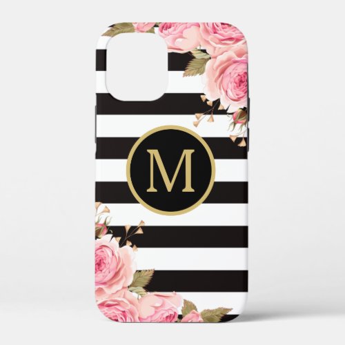 Watercolor Floral Black and White Stripes Monogram iPhone 12 Mini Case