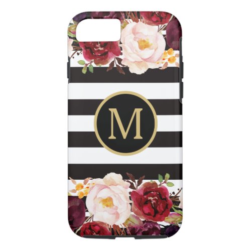 Watercolor Floral Black and White Stripes Monogram iPhone 87 Case