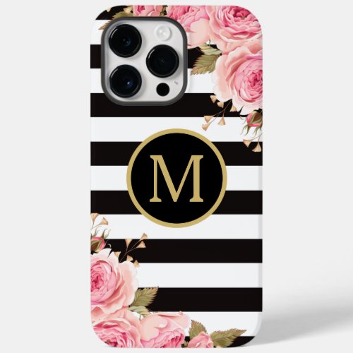 Watercolor Floral Black and White Stripes Monogram Case_Mate iPhone 14 Pro Max Case