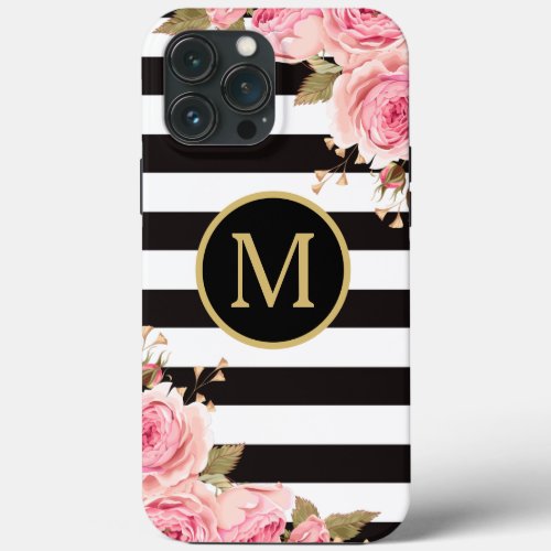 Watercolor Floral Black and White Stripes Monogram iPhone 13 Pro Max Case