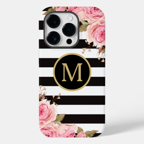 Watercolor Floral Black and White Stripes Monogram Case_Mate iPhone 14 Pro Case
