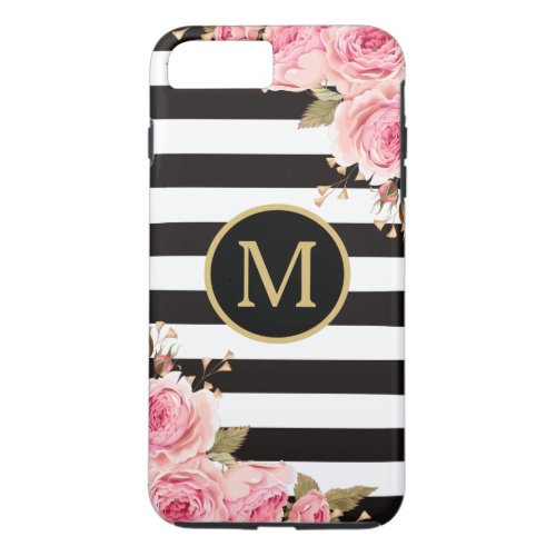 Watercolor Floral Black and White Stripes Monogram iPhone 8 Plus7 Plus Case