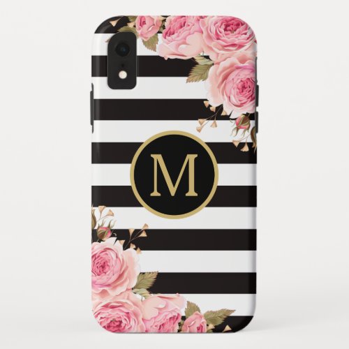 Watercolor Floral Black and White Stripes Monogram iPhone XR Case