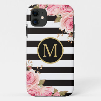 Watercolor Floral Black and White Stripes Monogram iPhone 11 Case