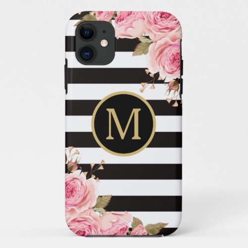 Watercolor Floral Black and White Stripes Monogram iPhone 11 Case