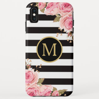 Watercolor Floral Black and White Stripes Monogram iPhone XS Max Case