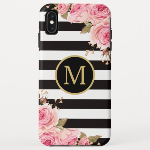 Watercolor Floral Black and White Stripes Monogram iPhone XS Max Case