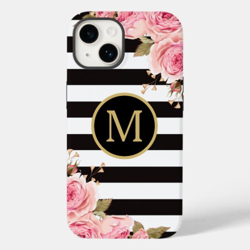 Watercolor Floral Black and White Stripes Monogram Case_Mate iPhone 14 Case
