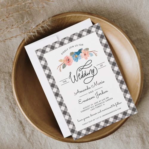 Watercolor Floral Black Check Casual Wedding Invitation