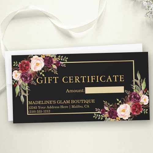 Watercolor Floral Black Gold Gift Certificate