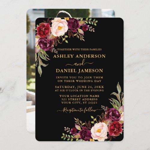 Watercolor Floral Black Gold Photo Wedding  Invitation