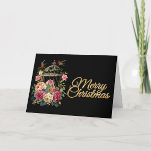 Watercolor Floral Black Merry Christmas Card