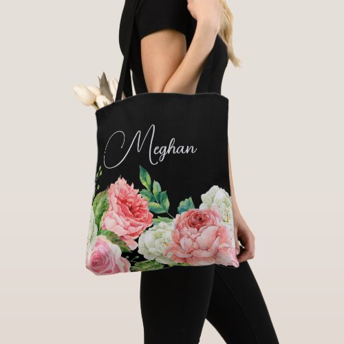 Watercolor Floral Black Personalized Bridesmaid  Tote Bag