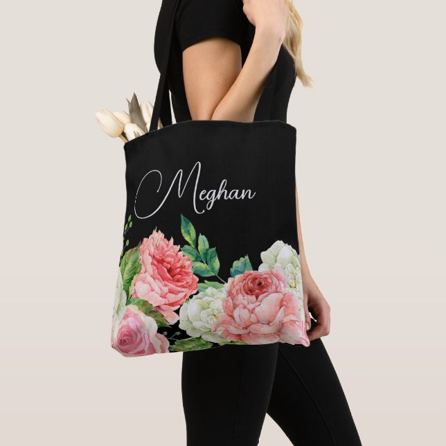 Watercolor Floral Black Personalized Bridesmaid  Tote Bag (Close Up)