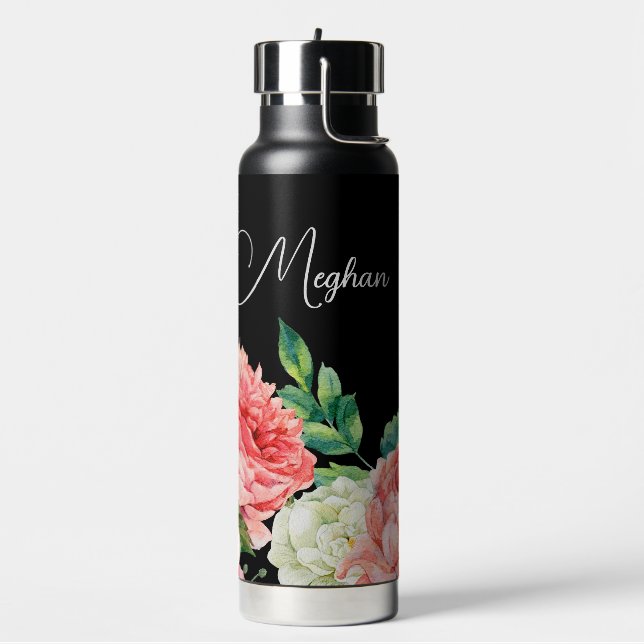 Watercolor Floral Black Personalized Bridesmaid  Water Bottle (Left)